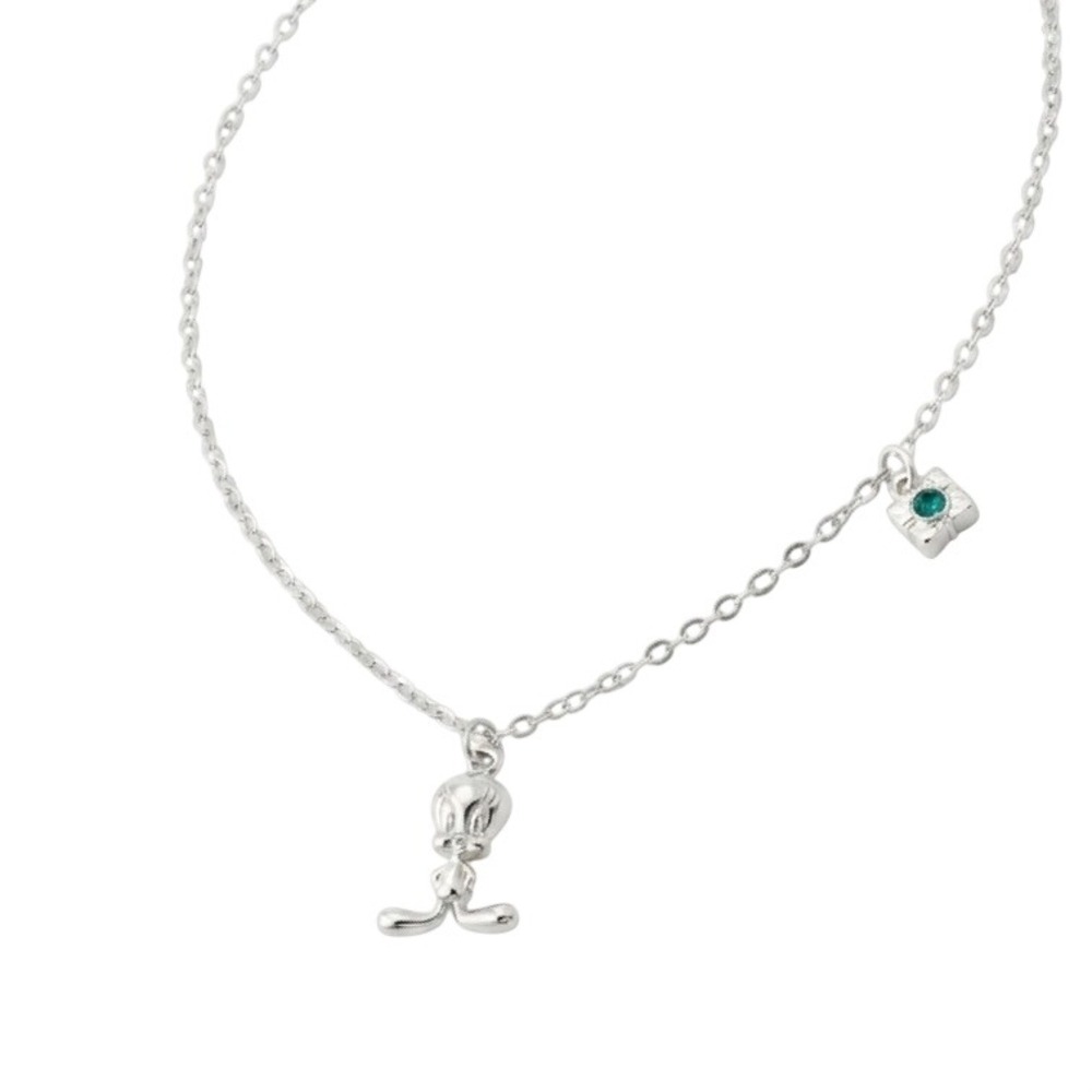 Six Flags Vtg Looney Tunes Tweety Bird May Birthstone Charm Necklace Silver Tone